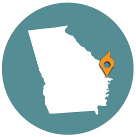 Small map with pin depicting Savannah, GA