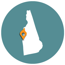 Small map with pin depicting Lebanon, NH