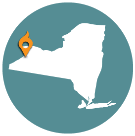 Small map with pin depicting Buffalo, NY