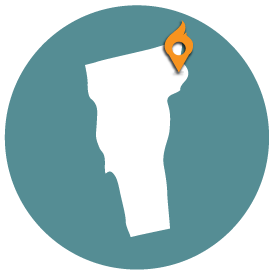 Small map with pin depicting Burlington, VT